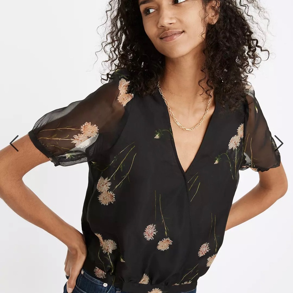 NWT Madewell Silk Organza Wrap Floral Puff Top